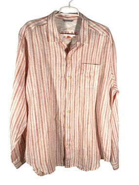 Tommy Bahama Relax linen Mens Striped Button-Up Shirt Coral & White XL beach